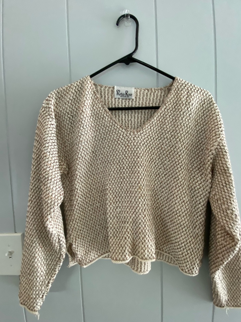 Cream V-Neck Textured Knit Sweater